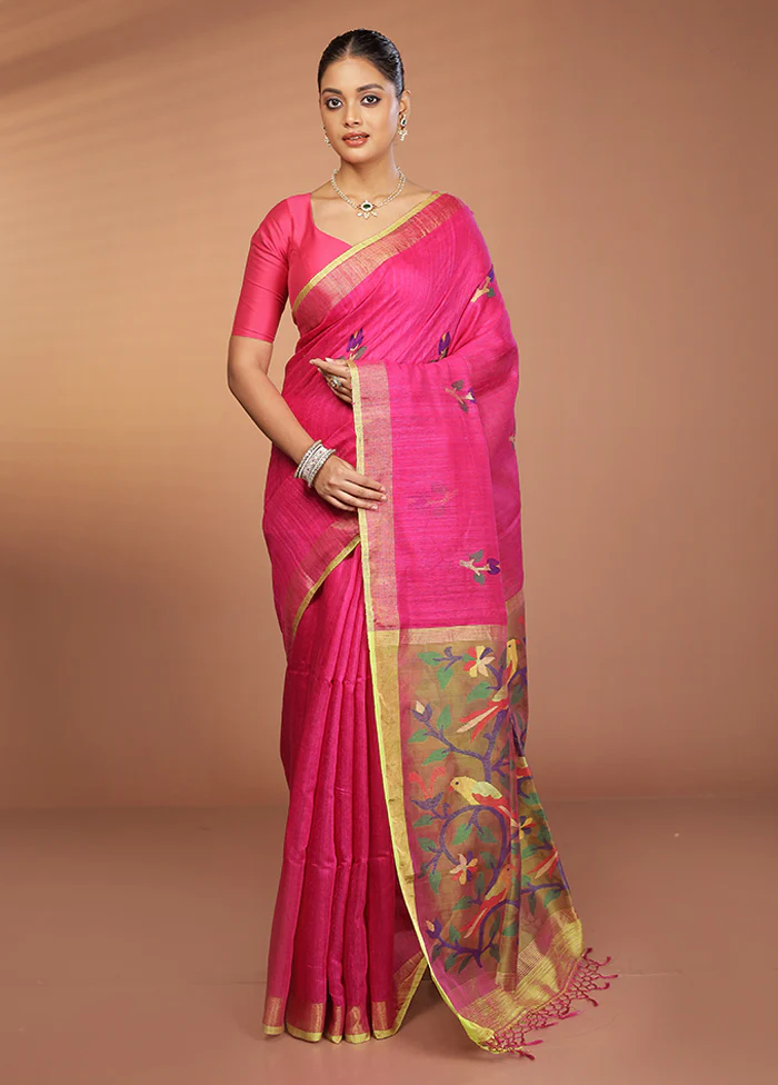 Pink Handloom Matka Pure Silk Saree With Blouse Piece - Image 2