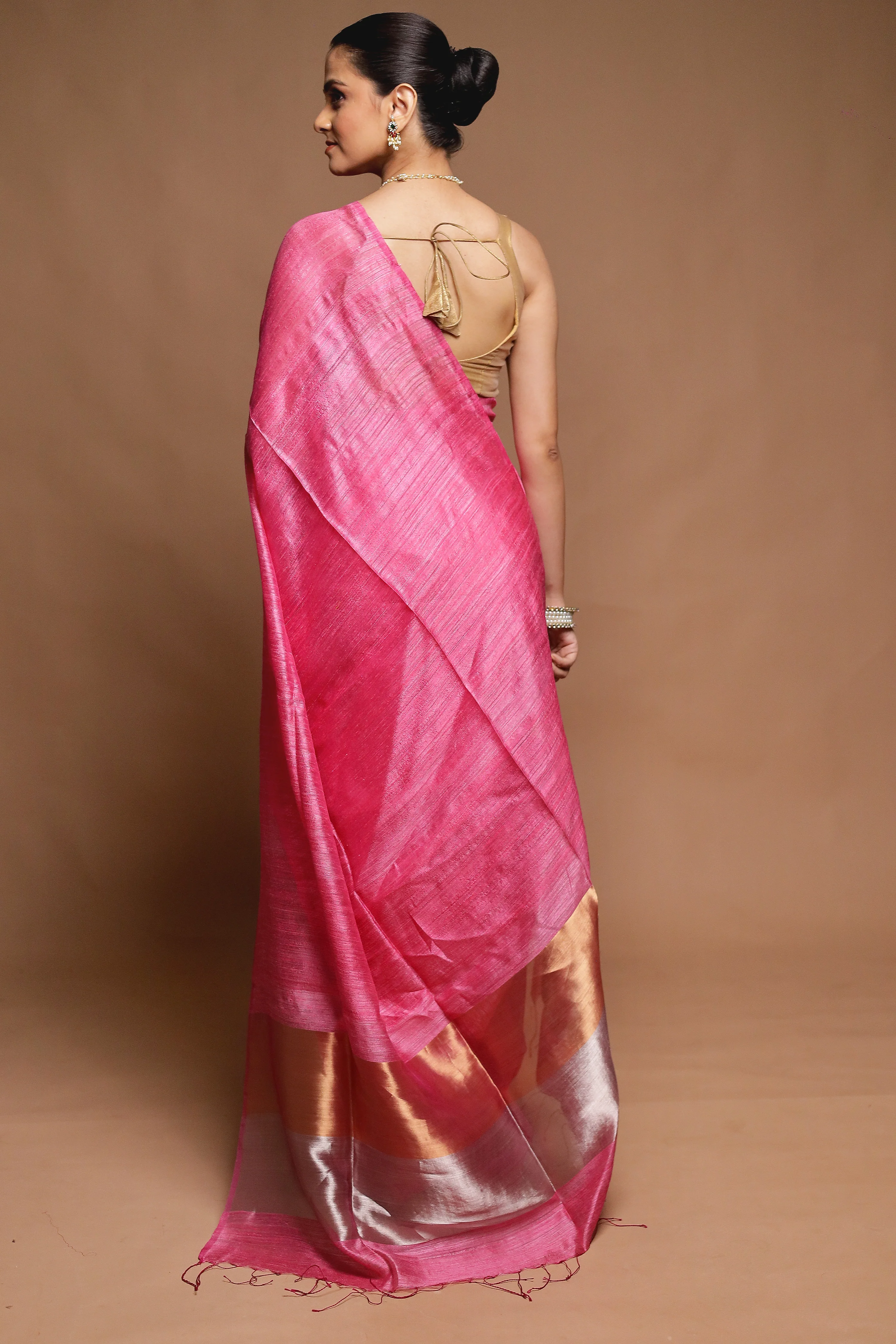 Pink Handloom Matka Pure Silk Saree With Blouse Piece - Image 3