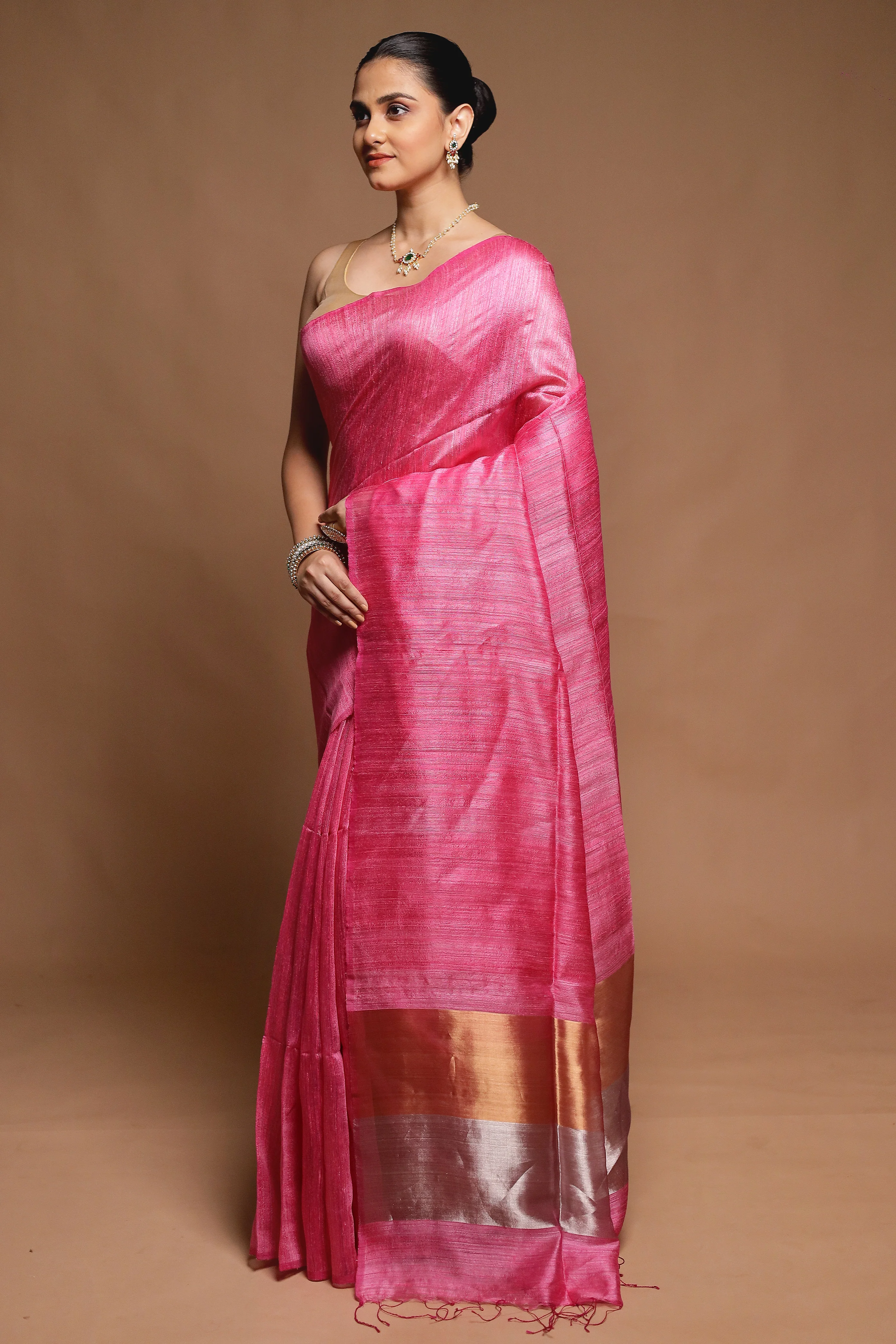 Pink Handloom Matka Pure Silk Saree With Blouse Piece - Image 4