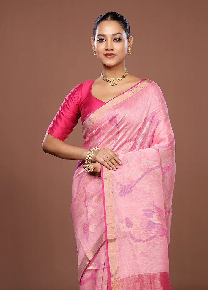 Pink Handloom Matka Pure Silk Saree With Blouse Piece