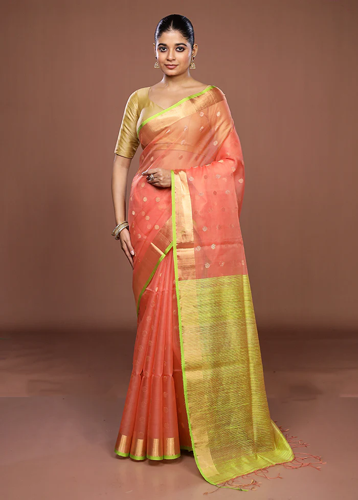 Peach Handloom Matka Pure Silk Saree With Blouse Piece - Image 2