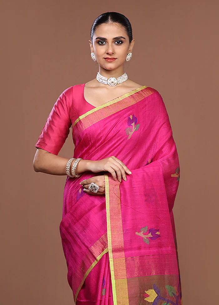 Pink Handloom Matka Pure Silk Saree With Blouse Piece