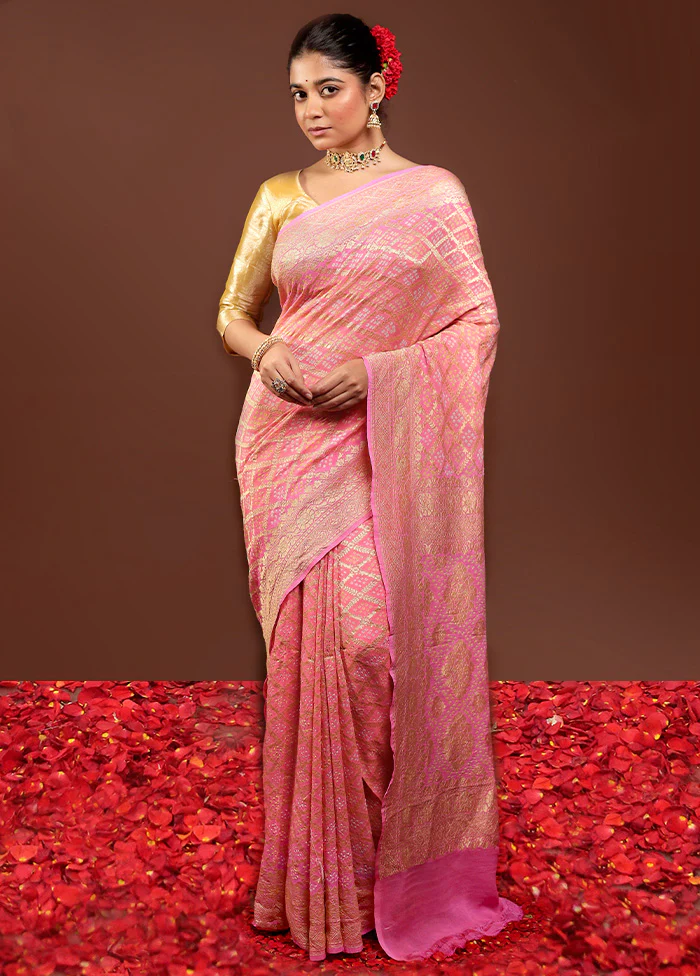Pink Handloom Pure Georgette Saree With Blouse Piece - Image 3