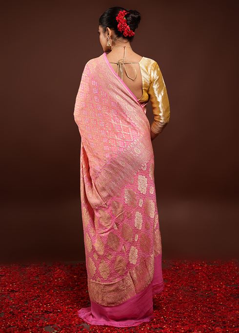 Pink Handloom Pure Georgette Saree With Blouse Piece - Image 4