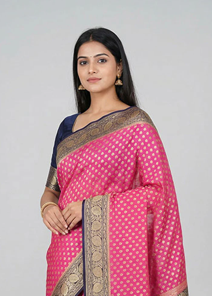 Pink Handloom Pure Georgette Saree With Blouse Piece - Image 2