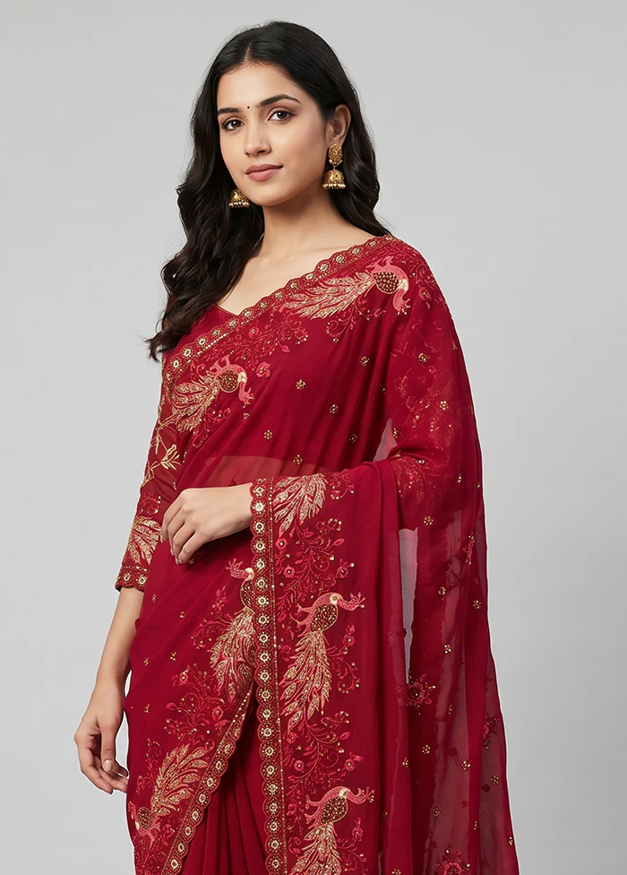 Pink Handloom Pure Georgette Saree With Blouse Piece - Image 2