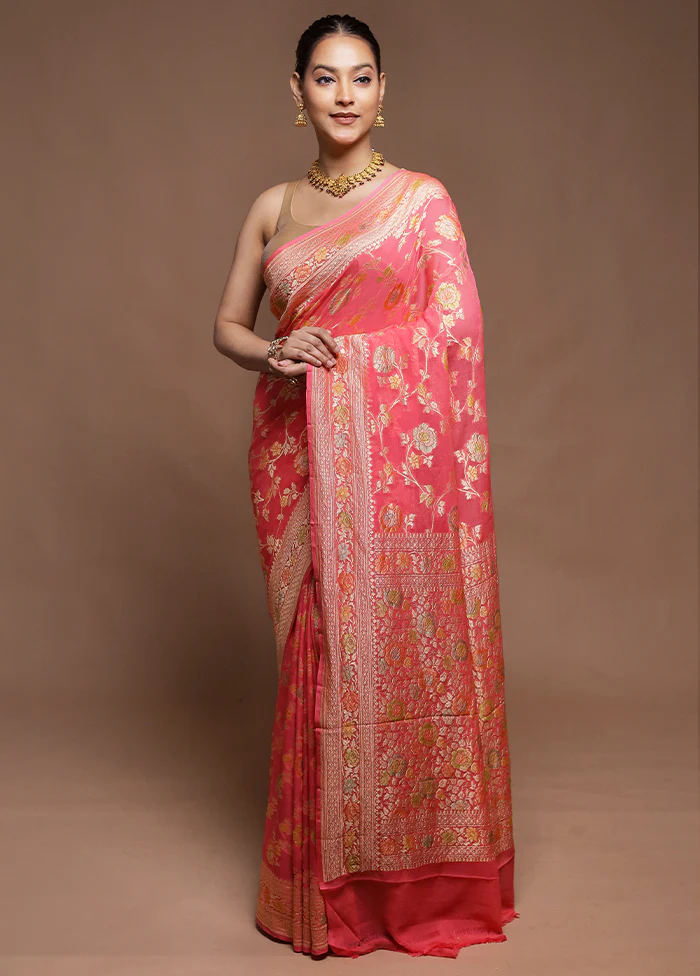 Pink Handloom Pure Georgette Saree With Blouse Piece
