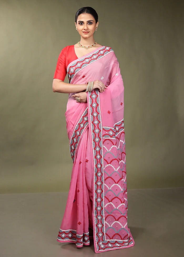 Pink Handloom Pure Georgette Saree With Blouse Piece - Image 2