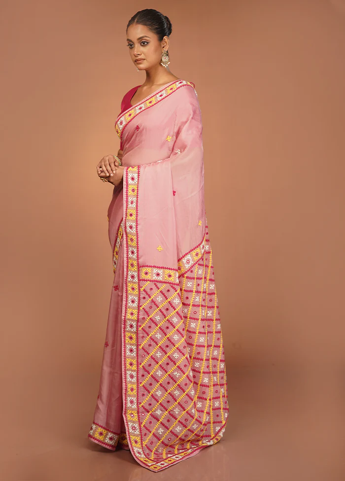 Pink Handloom Pure Georgette Saree With Blouse Piece - Image 4