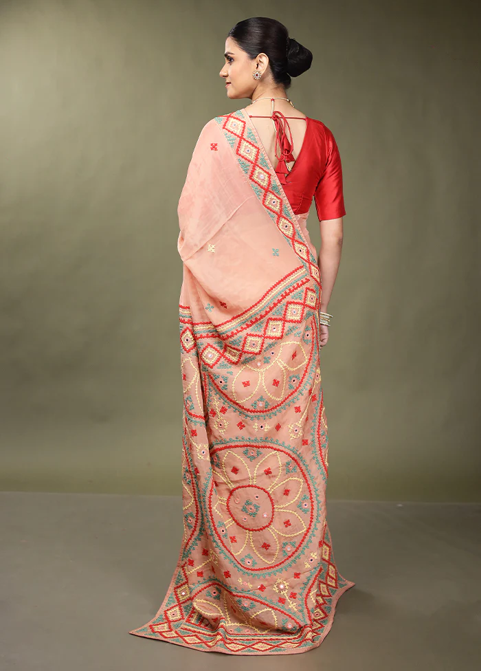 Pink Handloom Pure Georgette Saree With Blouse Piece - Image 3
