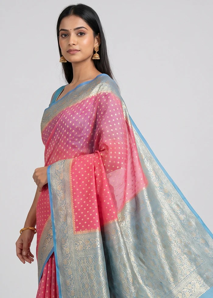 Pink Handloom Pure Georgette Saree With Blouse Piece - Image 2