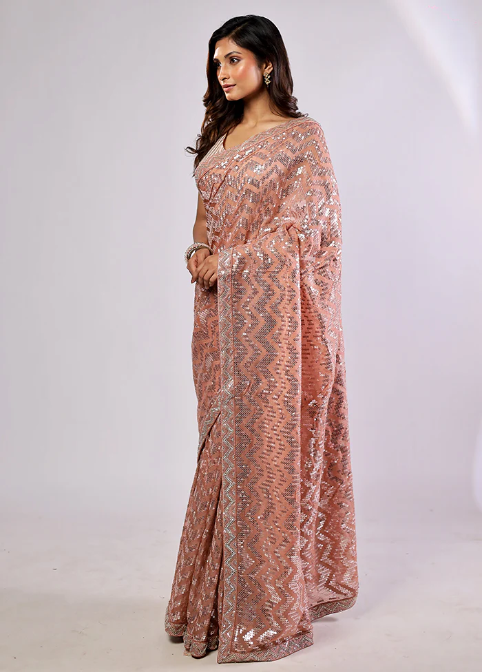 Pink Handloom Pure Georgette Saree With Blouse Piece - Image 3