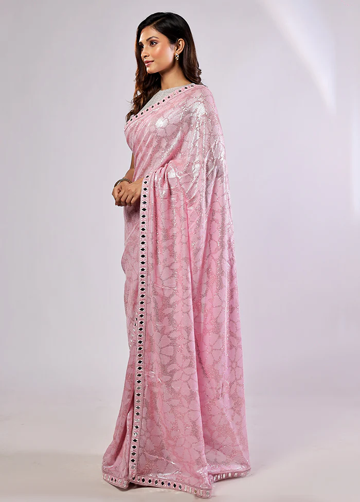 Pink Handloom Pure Georgette Saree With Blouse Piece - Image 3