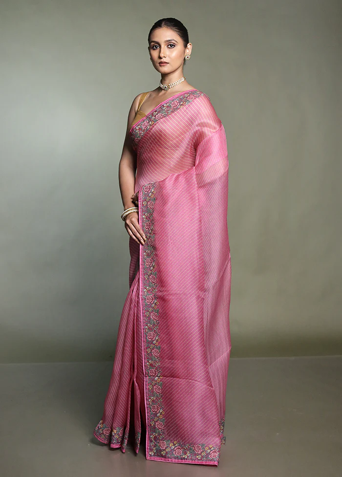 Pink Handloom Pure Organza Saree With Blouse Piece - Image 4