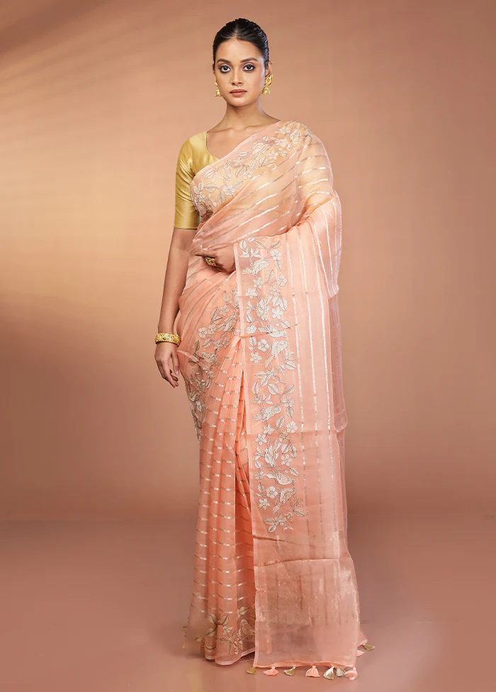 Pink Handloom Pure Organza Saree With Blouse Piece - Image 2