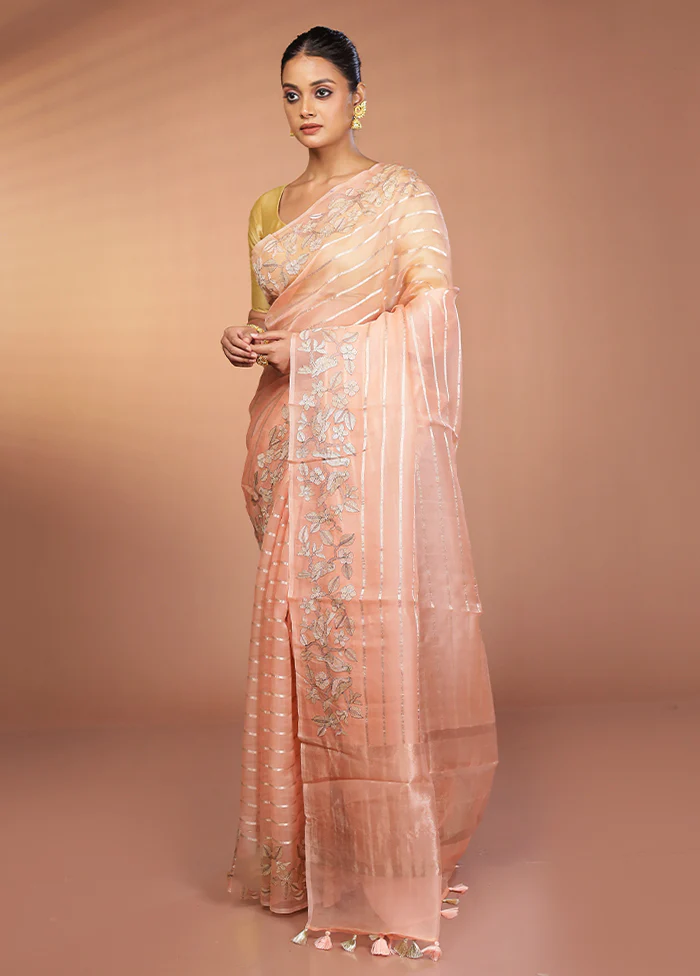 Pink Handloom Pure Organza Saree With Blouse Piece - Image 4