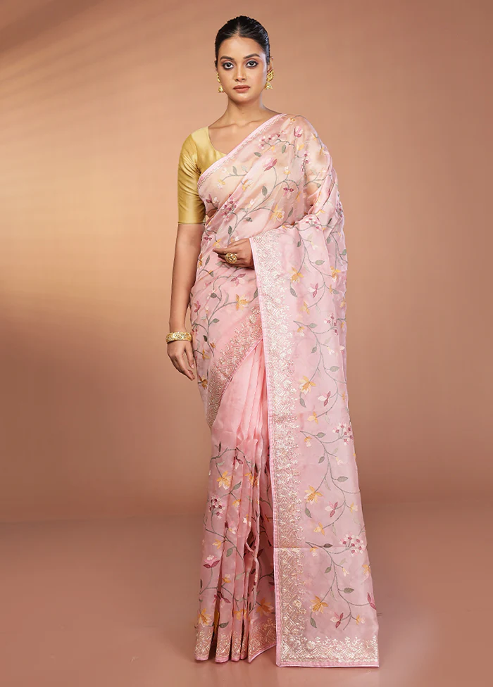 Pink Handloom Pure Organza Saree With Blouse Piece - Image 2