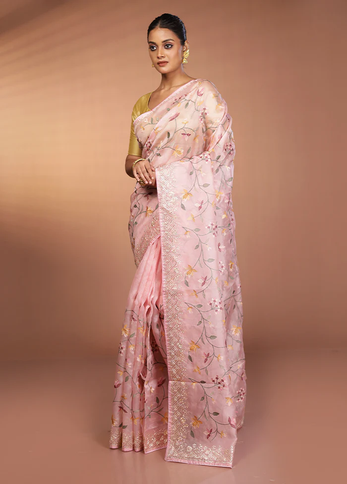 Pink Handloom Pure Organza Saree With Blouse Piece - Image 4