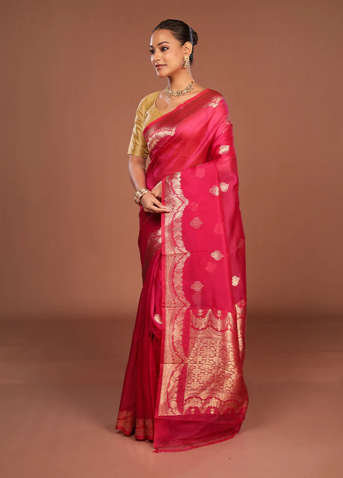 Pink Handloom Pure Organza Saree With Blouse Piece - Image 4