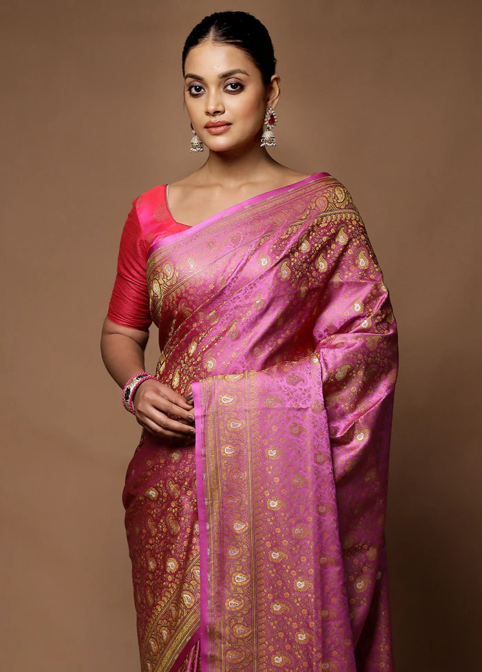 Pink Handloom Tanchoi Pure Silk Saree With Blouse Piece - Image 2