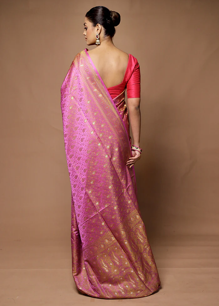 Pink Handloom Tanchoi Pure Silk Saree With Blouse Piece - Image 3