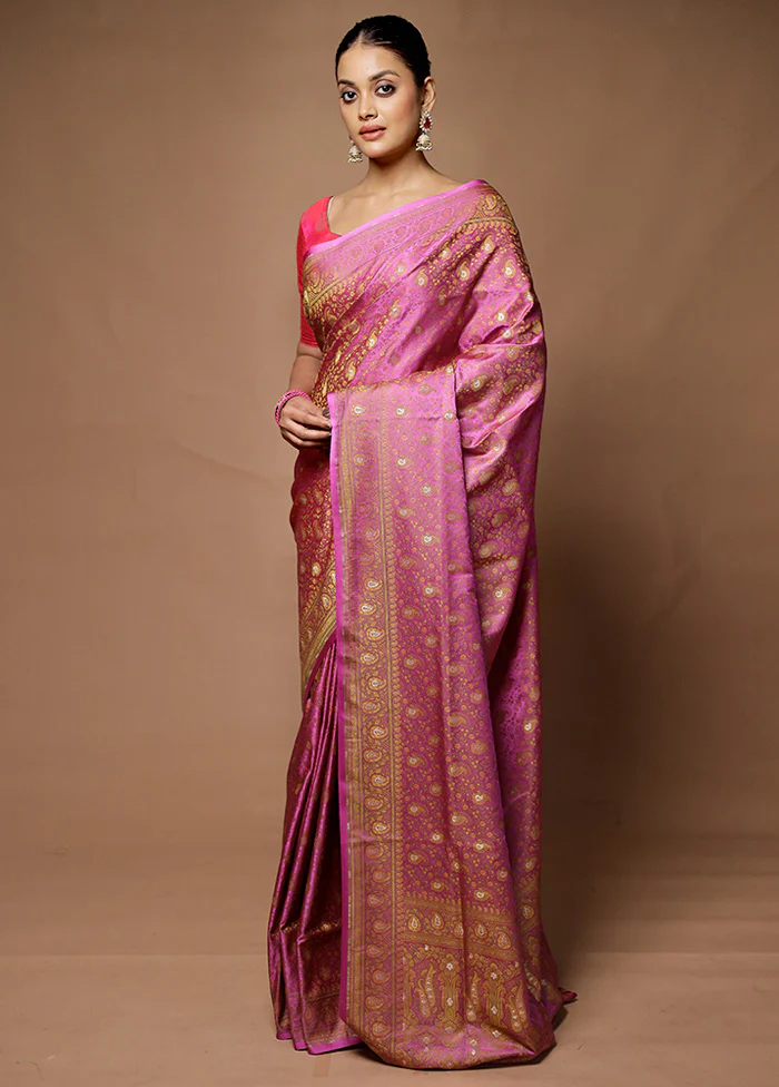 Pink Handloom Tanchoi Pure Silk Saree With Blouse Piece - Image 4