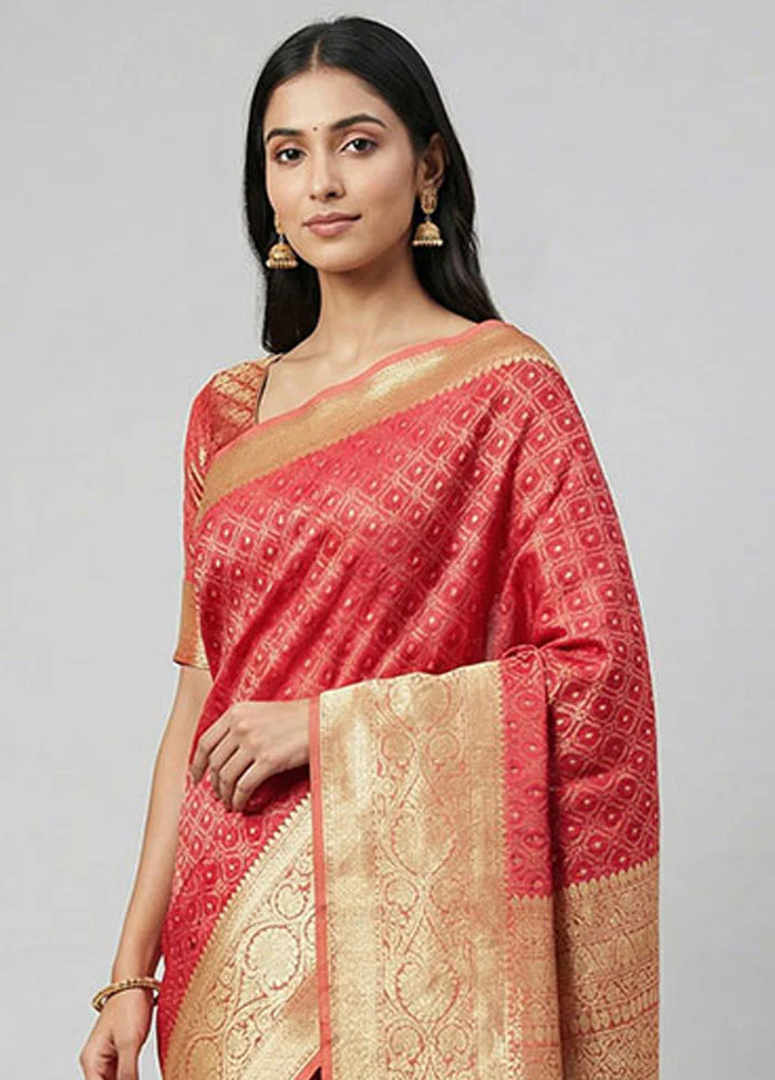 Pink Handloom Tanchoi Pure Silk Saree With Blouse Piece - Image 2
