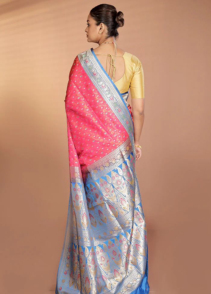 Pink Handloom Tanchoi Pure Silk Saree With Blouse Piece - Image 3