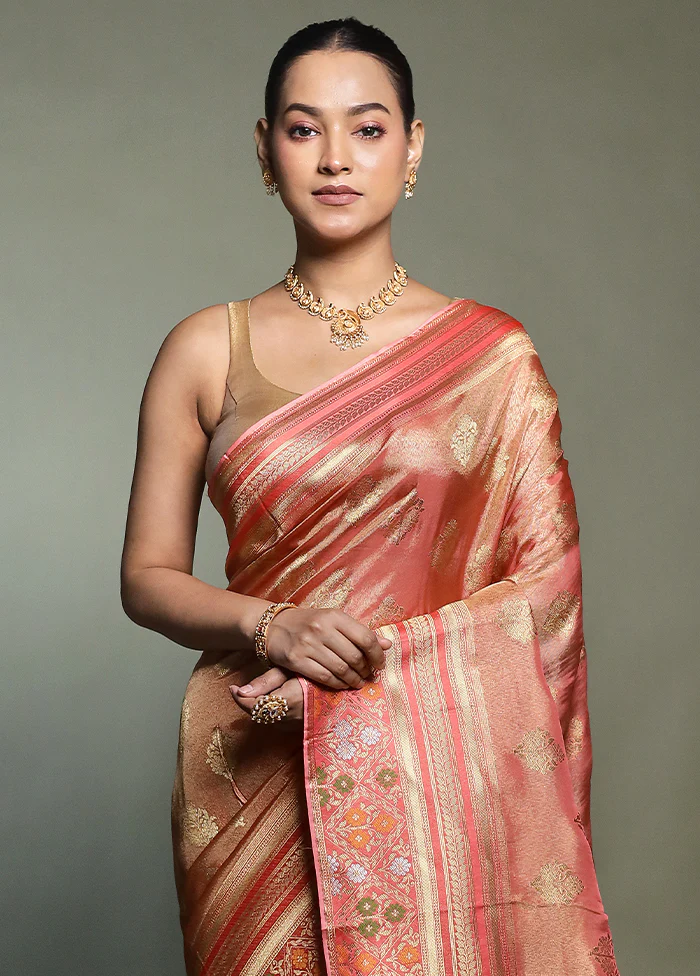 Pink Handloom Tissue Pure Silk Saree With Blouse Piece - Image 2