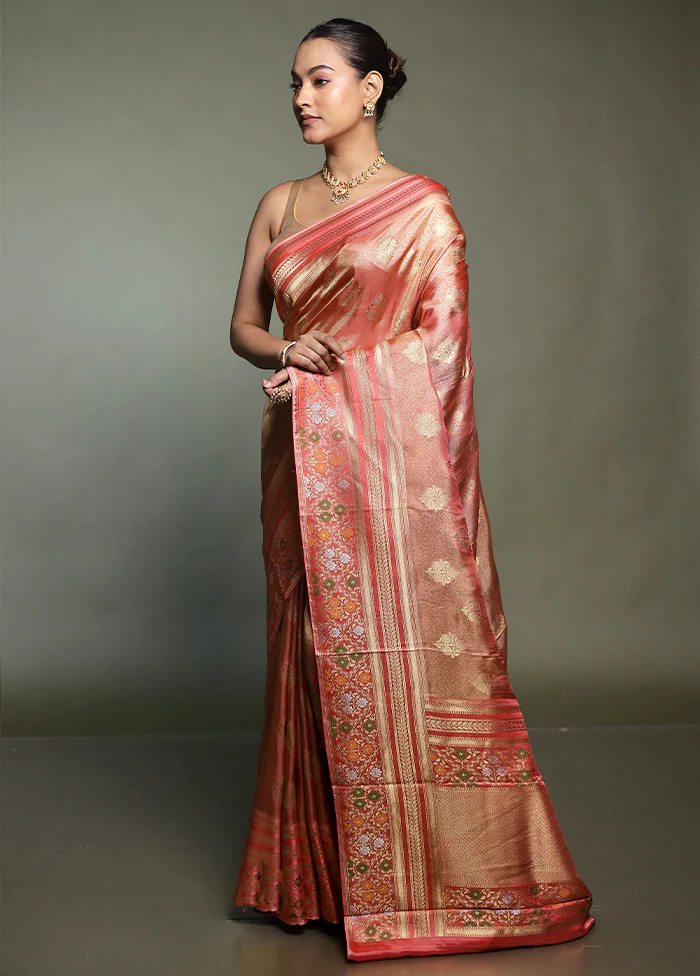 Pink Handloom Tissue Pure Silk Saree With Blouse Piece - Image 4