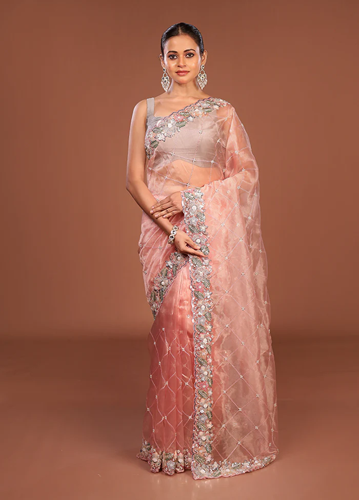 Peach Handloom Tissue Pure Silk Saree With Blouse Piece - Image 2