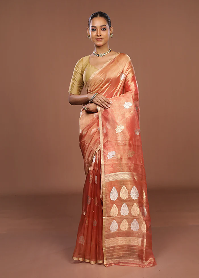 Peach Handloom Tissue Pure Silk Saree With Blouse Piece - Image 2