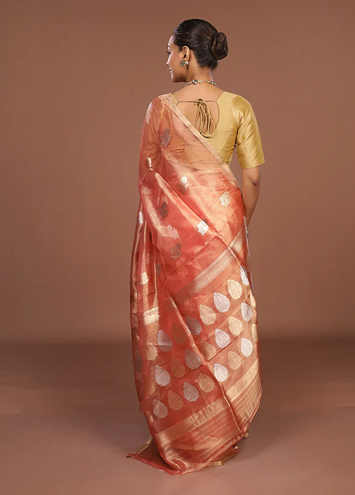 Peach Handloom Tissue Pure Silk Saree With Blouse Piece - Image 3