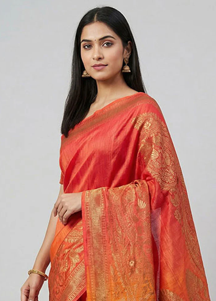 Pink Handloom Tussar Pure Silk Saree With Blouse Piece - Image 2