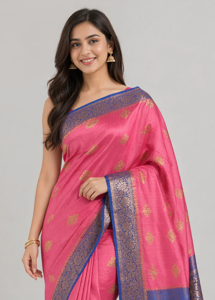 Pink Handloom Tussar Pure Silk Saree With Blouse Piece - Image 2