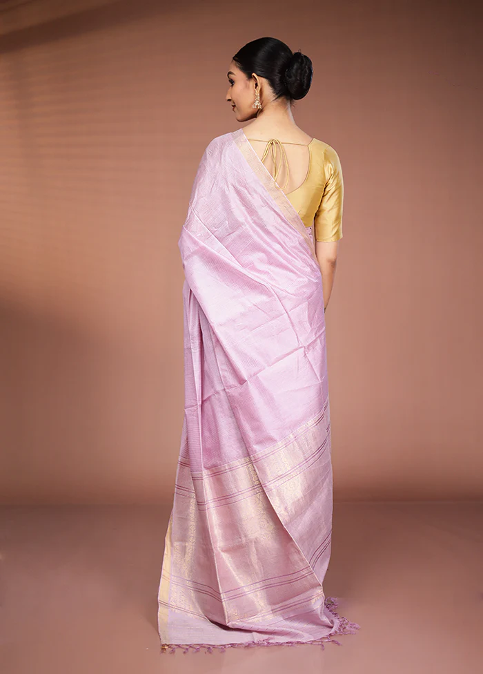 Pink Handloom Tussar Pure Silk Saree With Blouse Piece - Image 3