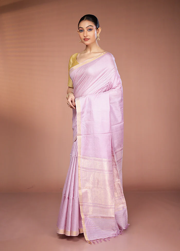 Pink Handloom Tussar Pure Silk Saree With Blouse Piece - Image 4