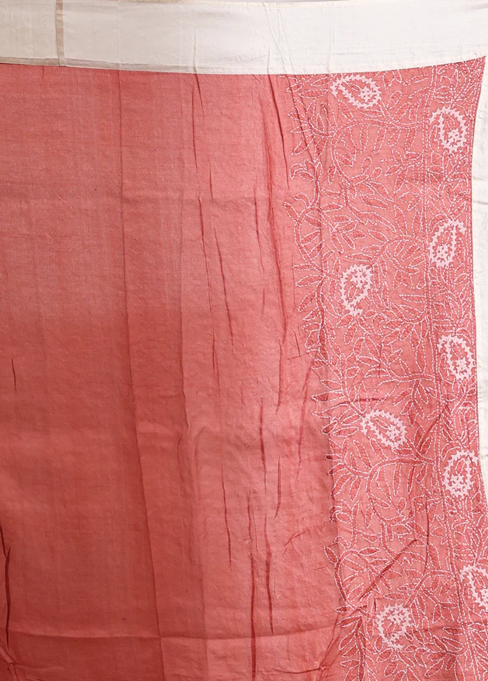 Pink Handloom Tussar Pure Silk Saree With Blouse Piece - Image 5