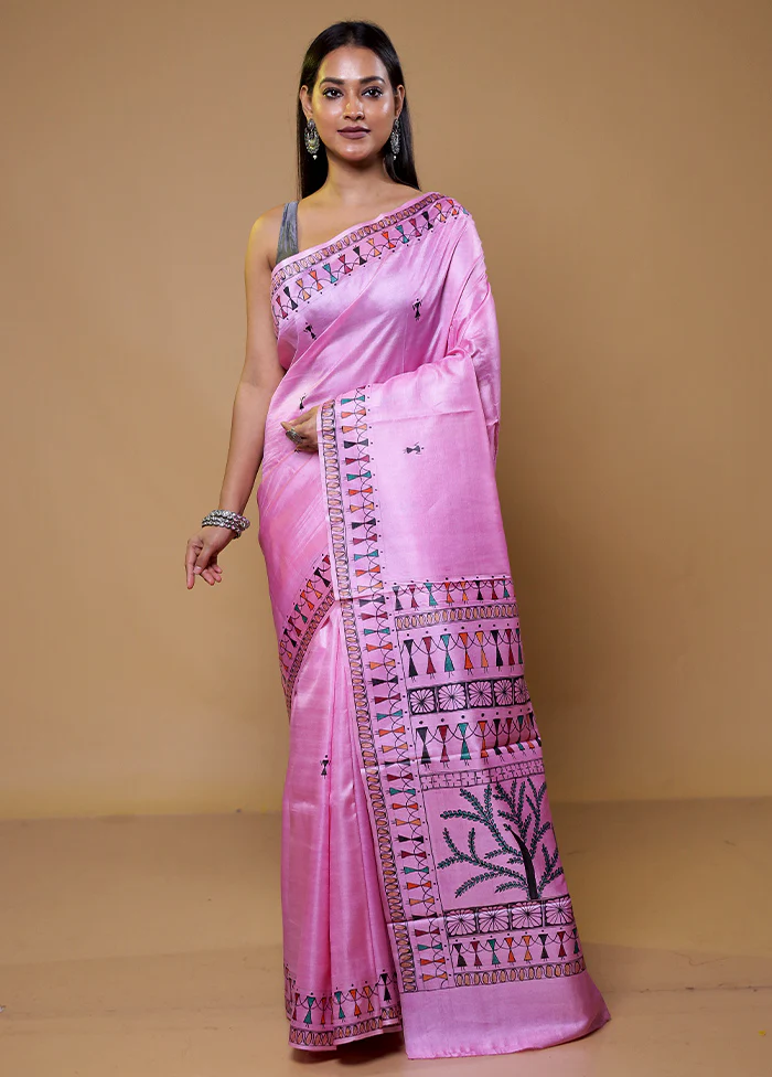 Pink Handloom Tussar Pure Silk Saree With Blouse Piece - Image 2