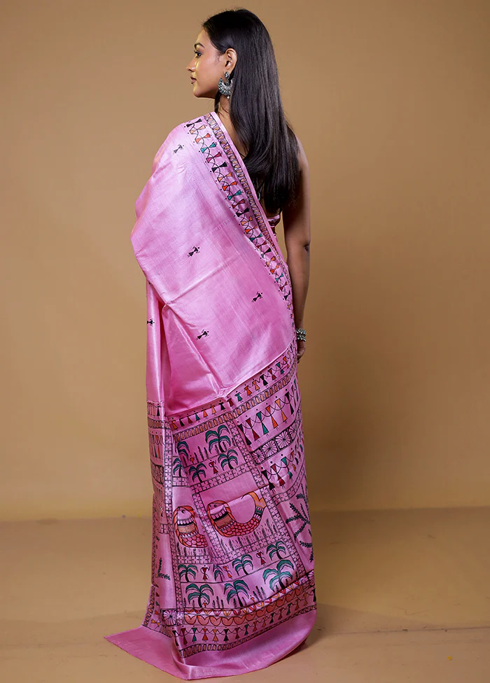 Pink Handloom Tussar Pure Silk Saree With Blouse Piece - Image 3