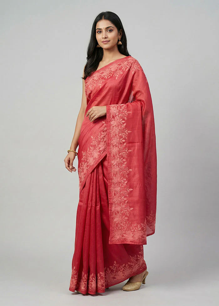 Pink Handloom Tussar Pure Silk Saree With Blouse Piece