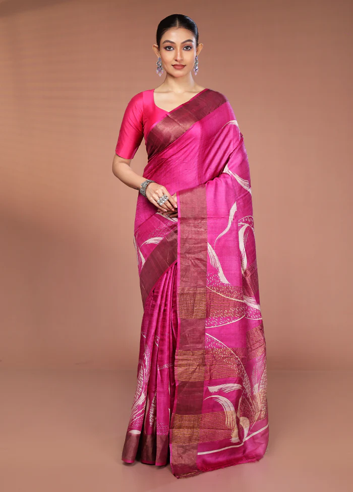 Pink Handloom Tussar Pure Silk Saree With Blouse Piece - Image 2