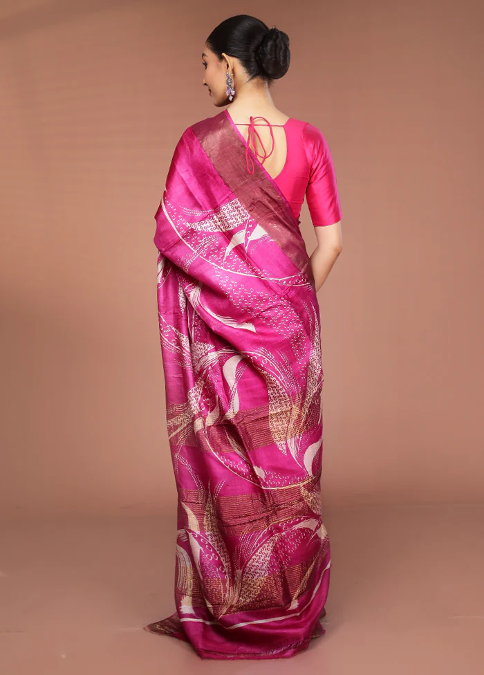 Pink Handloom Tussar Pure Silk Saree With Blouse Piece - Image 3