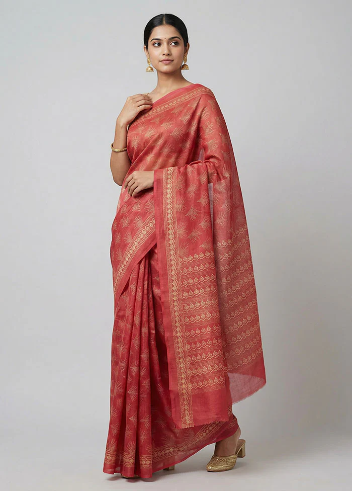 Pink Handloom Tussar Pure Silk Saree With Blouse Piece