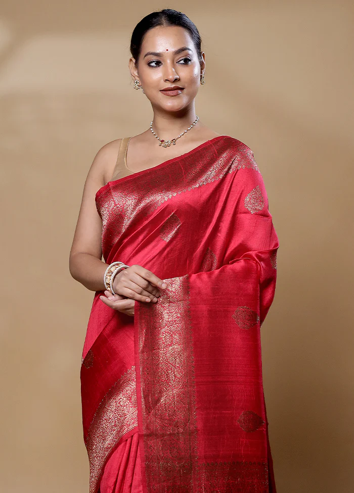 Pink Handloom Tussar Pure Silk Saree With Blouse Piece