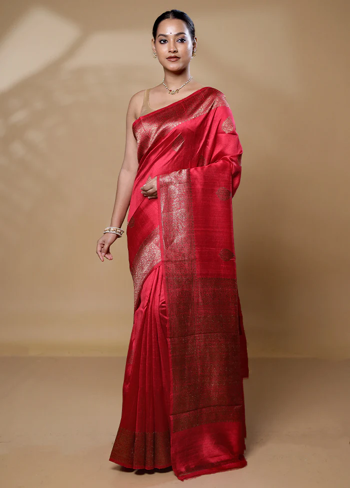Pink Handloom Tussar Pure Silk Saree With Blouse Piece - Image 2