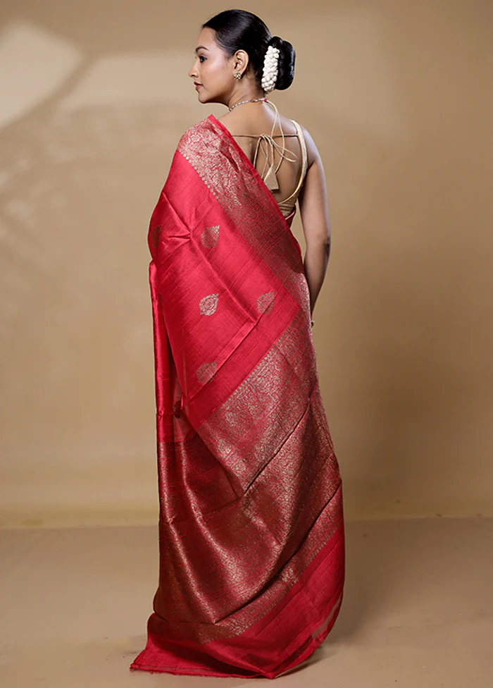 Pink Handloom Tussar Pure Silk Saree With Blouse Piece - Image 3