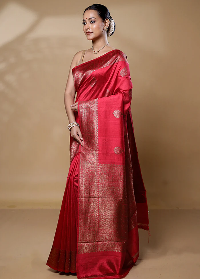 Pink Handloom Tussar Pure Silk Saree With Blouse Piece - Image 4