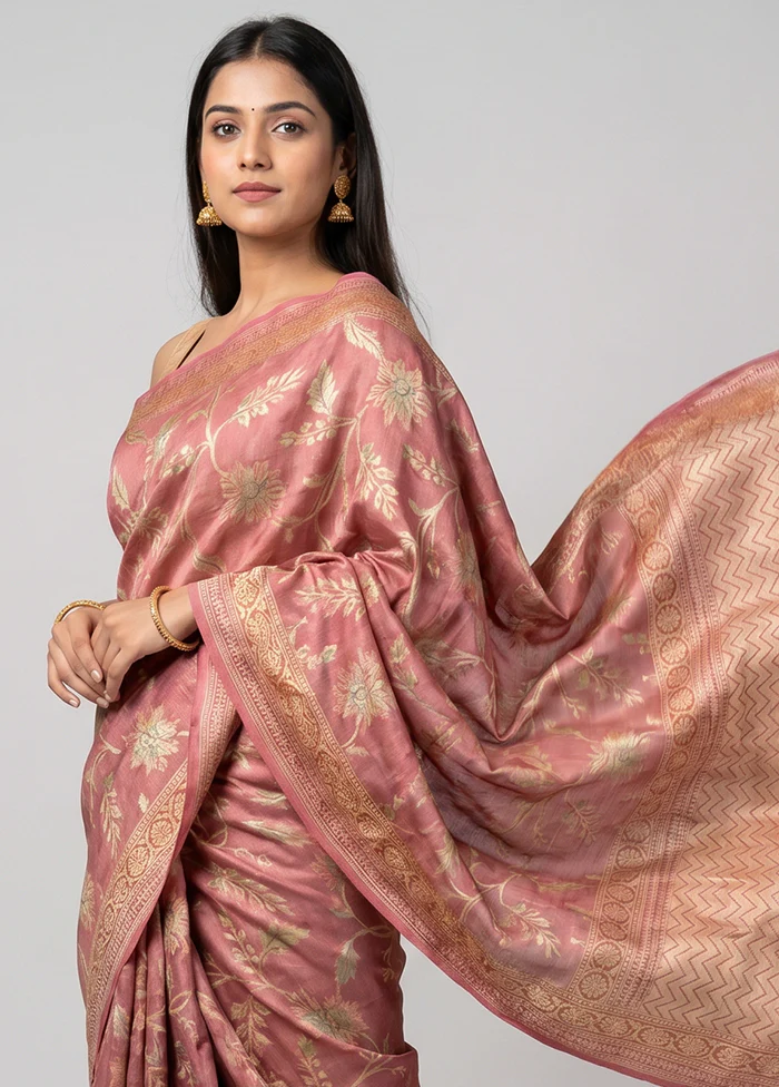 Pink Handloom Tussar Pure Silk Saree With Blouse Piece - Image 2