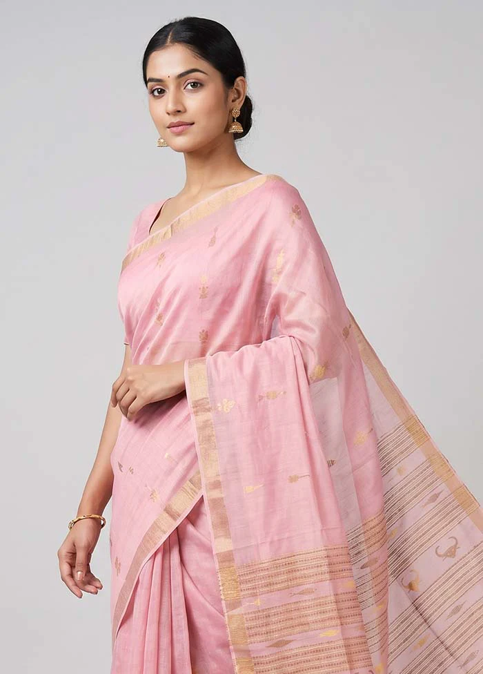 Pink Handloom Tussar Pure Silk Saree With Blouse Piece - Image 2